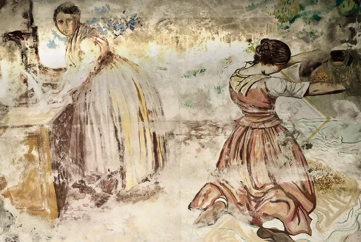 Murale che rappresenta due donne facendo il pane